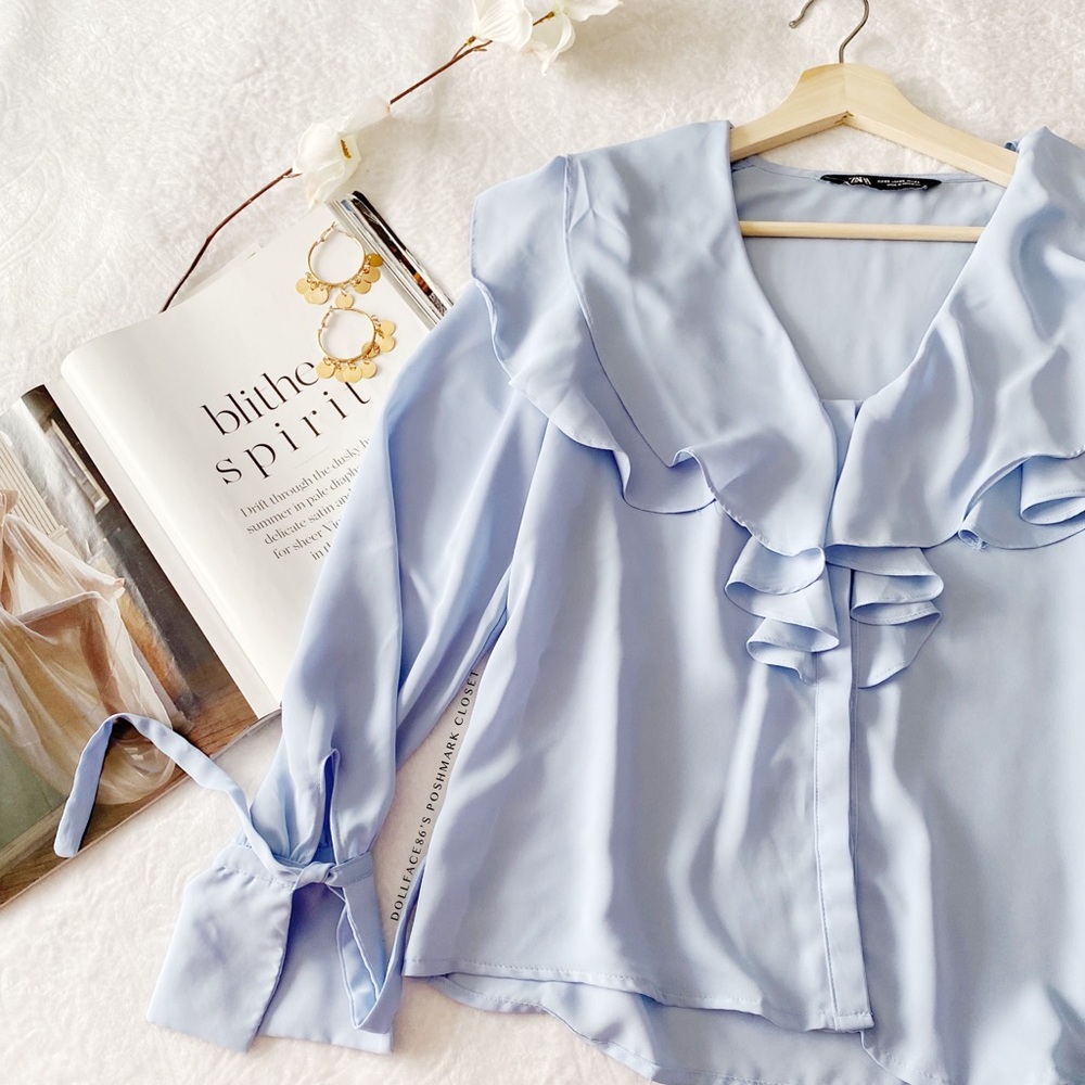 Zara Soft Blue Ruffle Neck Button Down Flared Sleeve Blouse